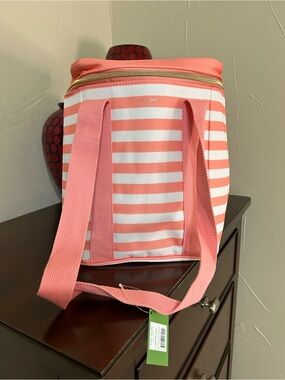 kate spade Coral and White Striped Canvas Insulated Wine Picnic Cooler Tote